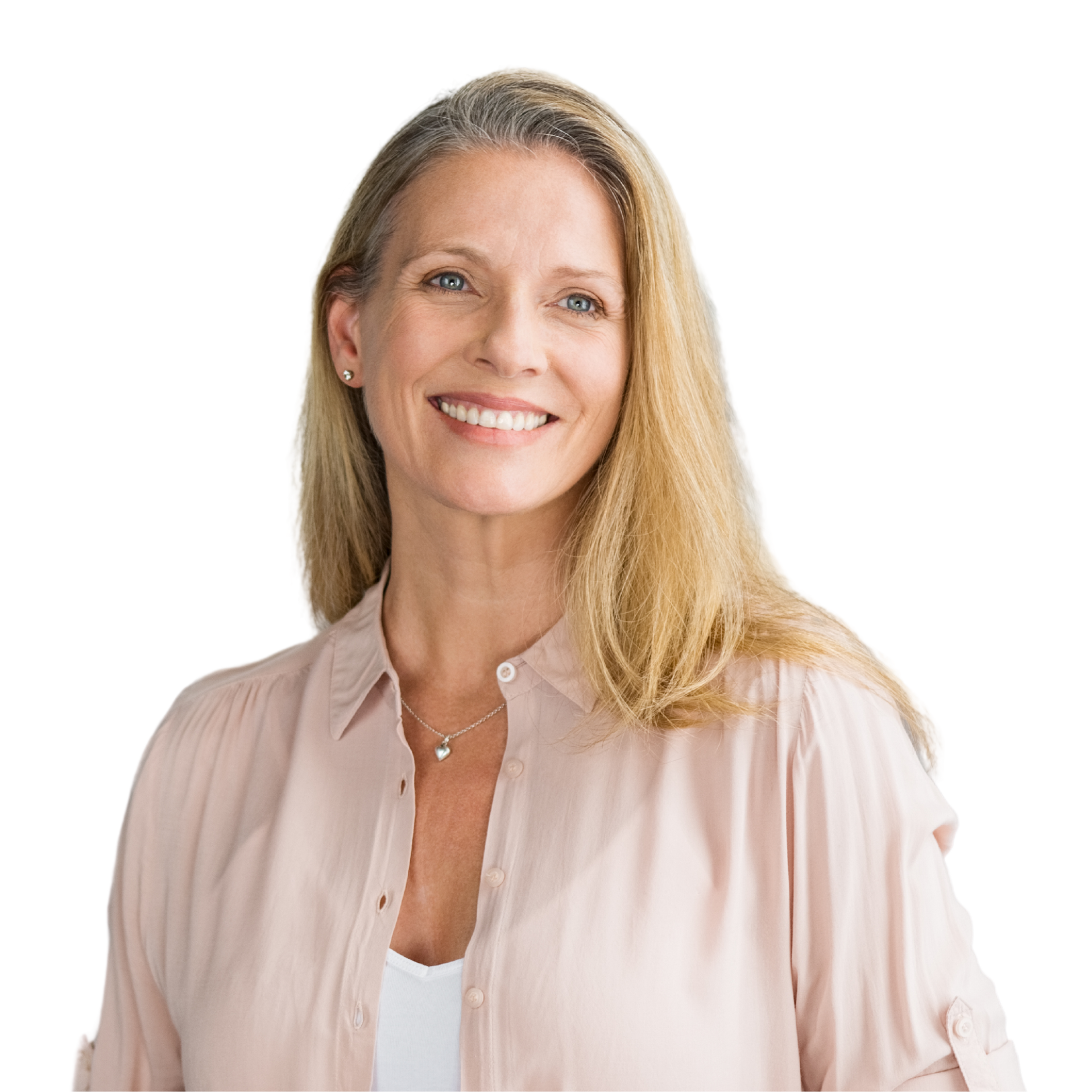 A woman with long hair is smiling with her hands on her face.