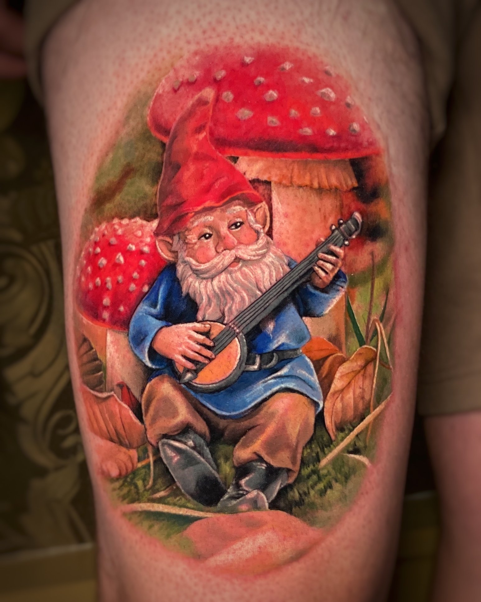 Gnome playing mandolin under mushroom
