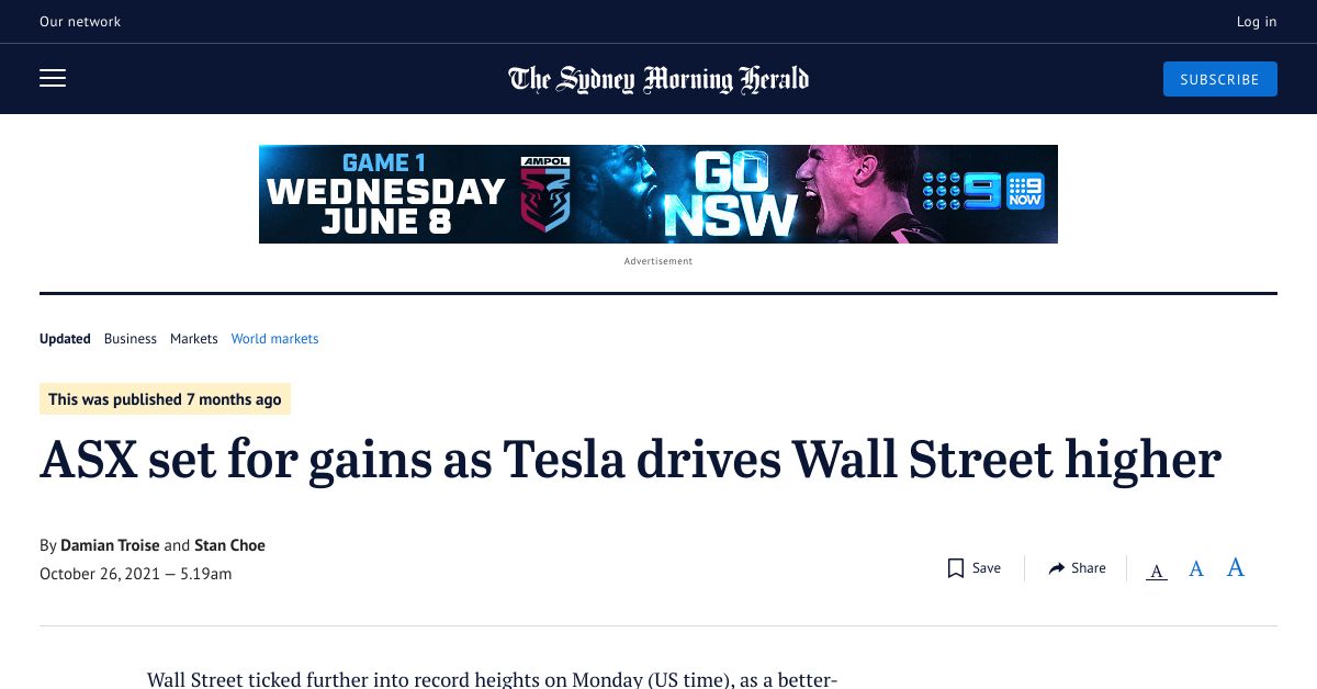 ASX set for gains as Tesla drives Wall Street higher