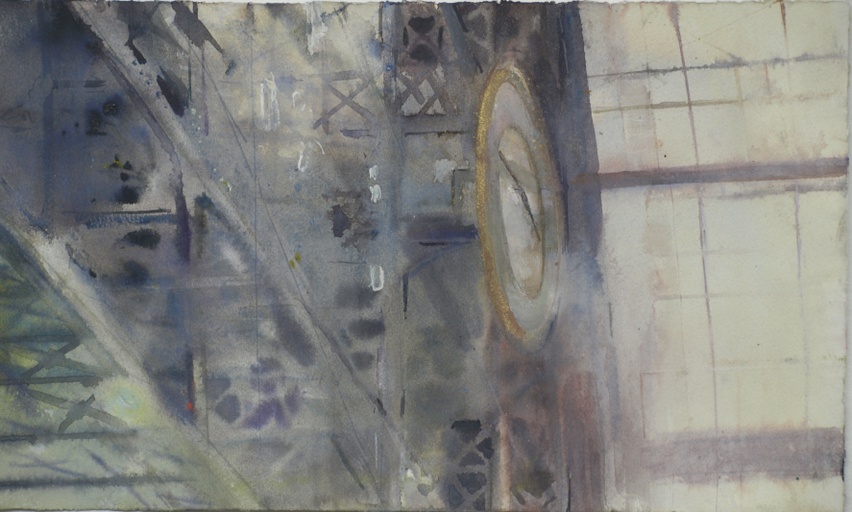 Dusty roof girders and clock, St Pancras Station.