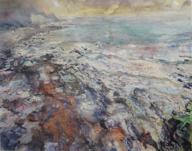 Looking down to the rocks below, with incoming tide, Crackington Haven, Cornwall