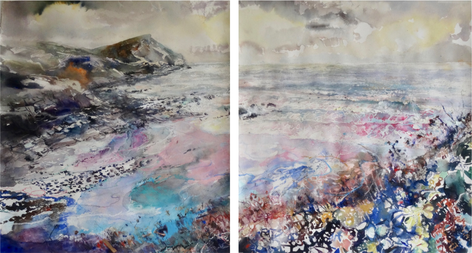 Diptych - Wet sands, sun on sea, bay at Crackington Haven.