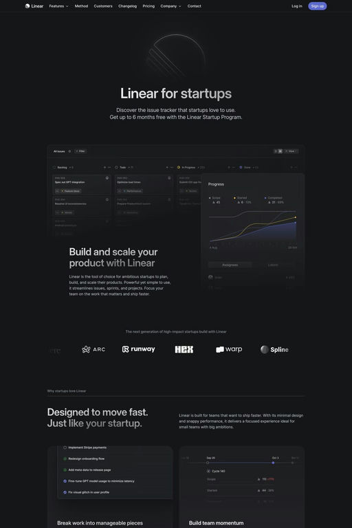 Linear for Startups website screenshot