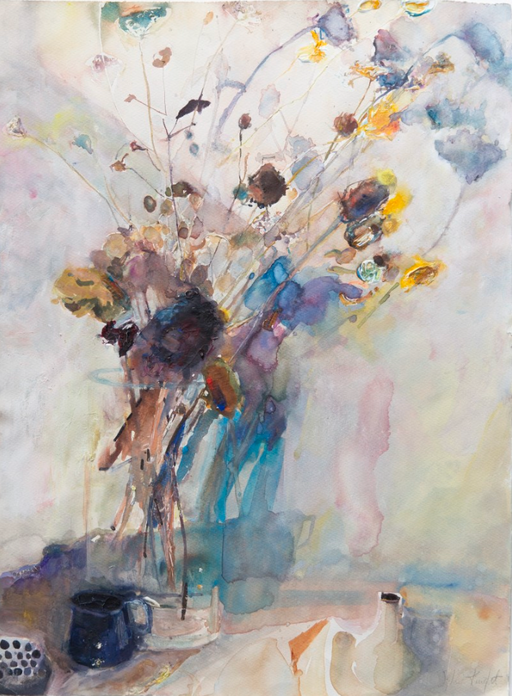 Dried grasses under studio spot light with disappearing glass vase.