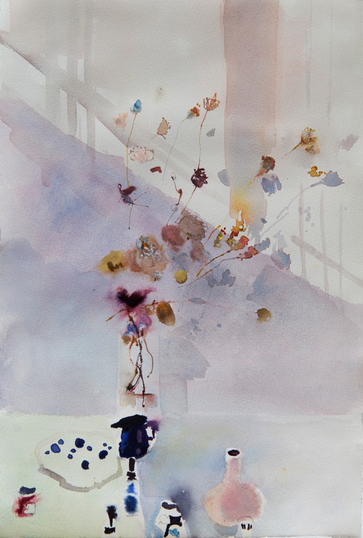 Dried Grasses with rose and little blue jug in the studio