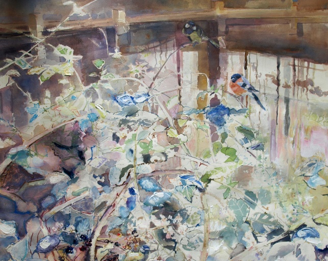Small birds, bull finch and Blue tit at the canal (Detail)