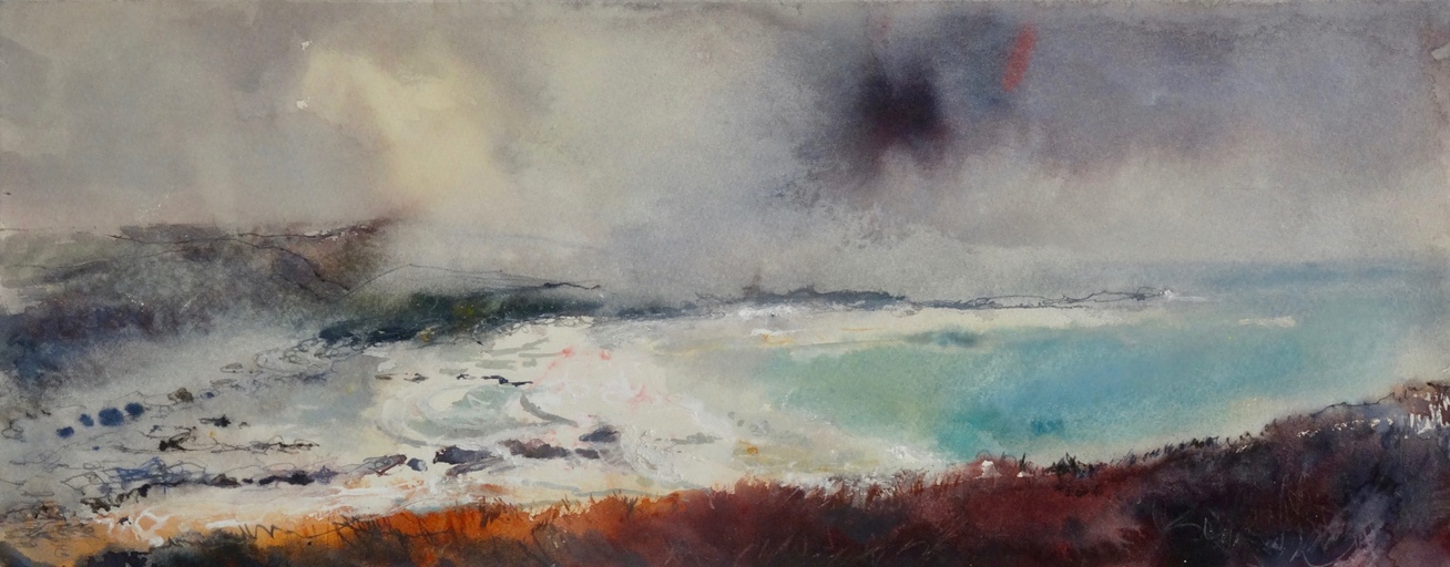 Light breaks through on a cloudy day onto the bay, Crackington Haven, Cornwall