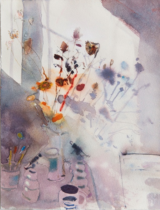 Sunlight on the studio wall with two watersprays, Dried Sun Flowers and Grasses.