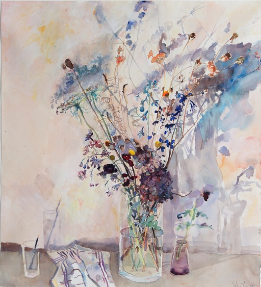 Delphiniams and dried Grasses with violet and Cerulean blue shadows.