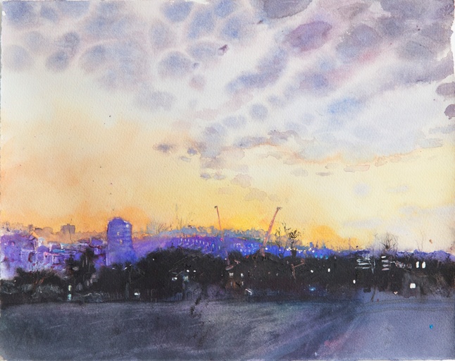 Lights in distant windows start to come on at the park, Early Evening, London.