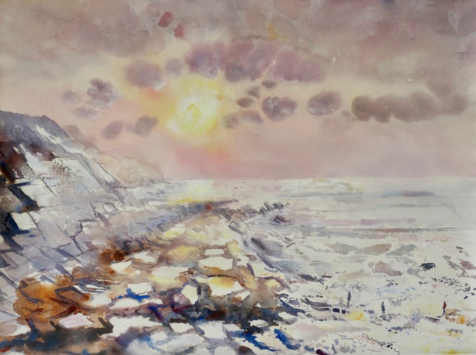 Last few people in the bay, rock pools and winter sun, Crackington Haven, Cornwall.