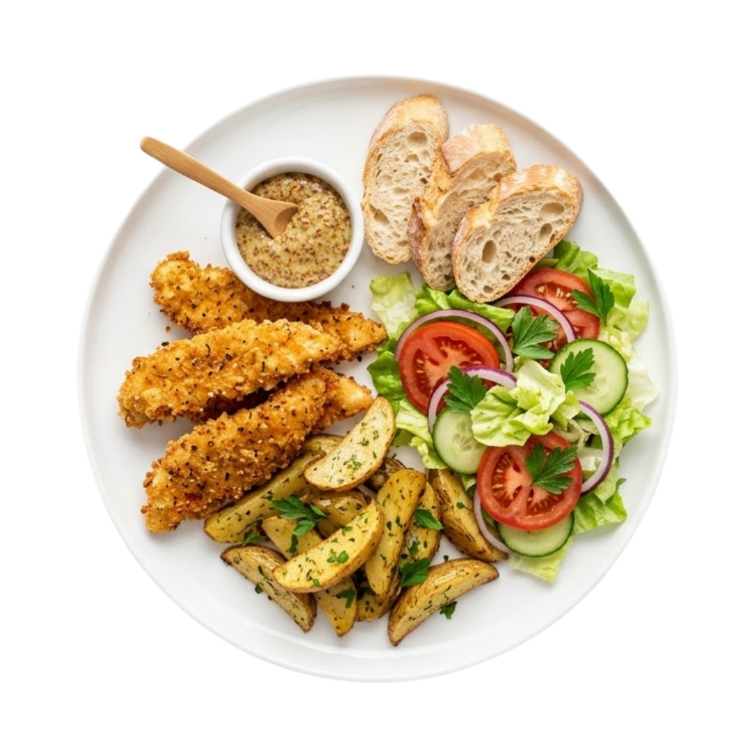 Photo de Poulet pané + salade et crudites - Poulet pané, pommes de terre, pain, légumes