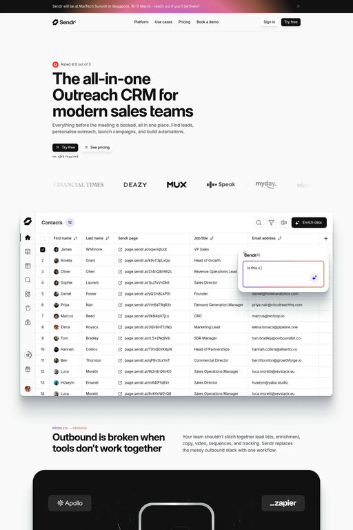 Sendr website screenshot
