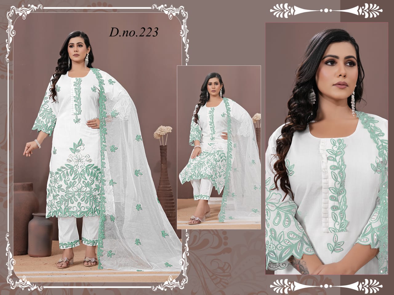 Rayon silk Elegant white ethnic suit featuring delicate green  floral embroidery, paired with matching straight pants and a sheer embroidered dupatta for a graceful, refined look.