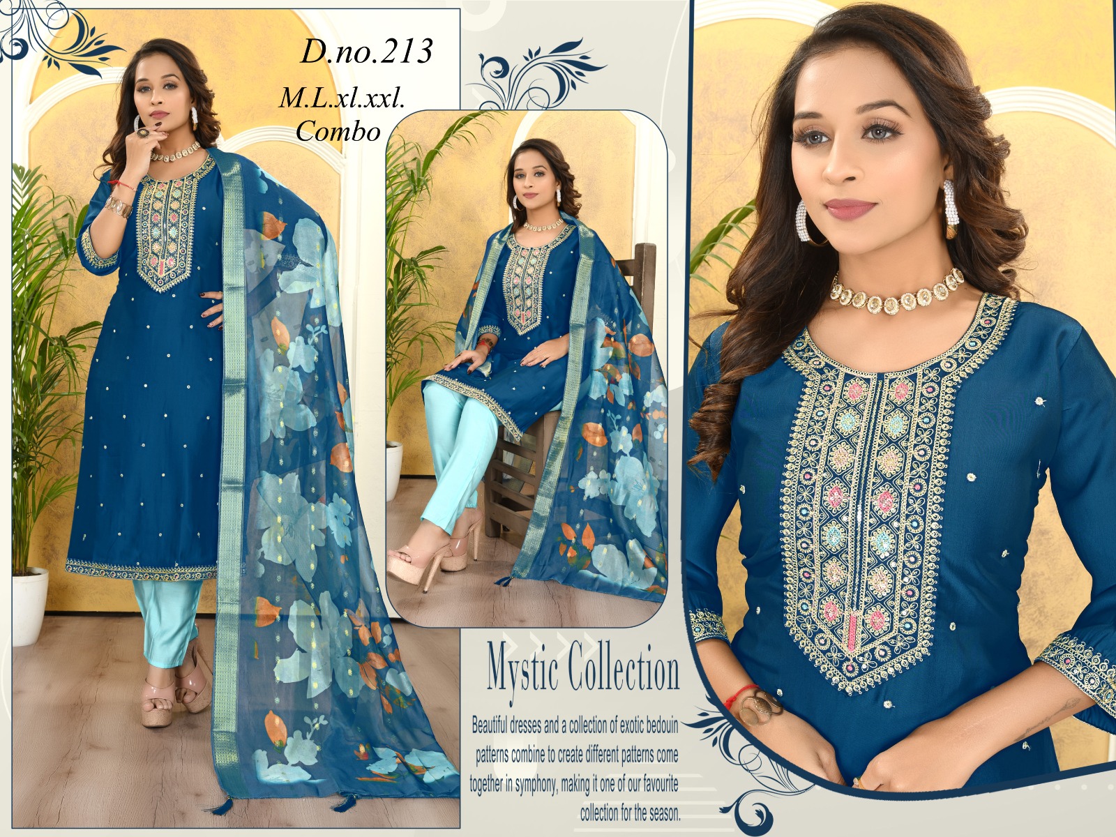 Rayon silk Colorband: Deep teal blue kurta with intricate gold embroidery, paired with soft aqua blue bottoms and a sheer teal floral dupatta with subtle pastel accents.